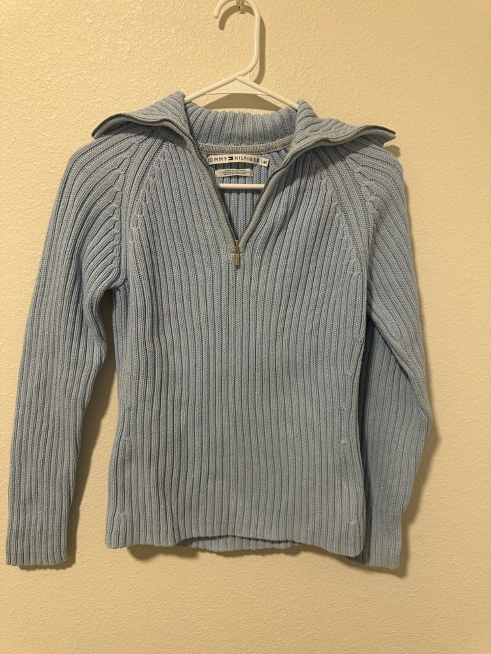 Tommy Hilfiger Light Blue Ribbed Quarter-Zip Funnel Neck Cable Knit Sweater